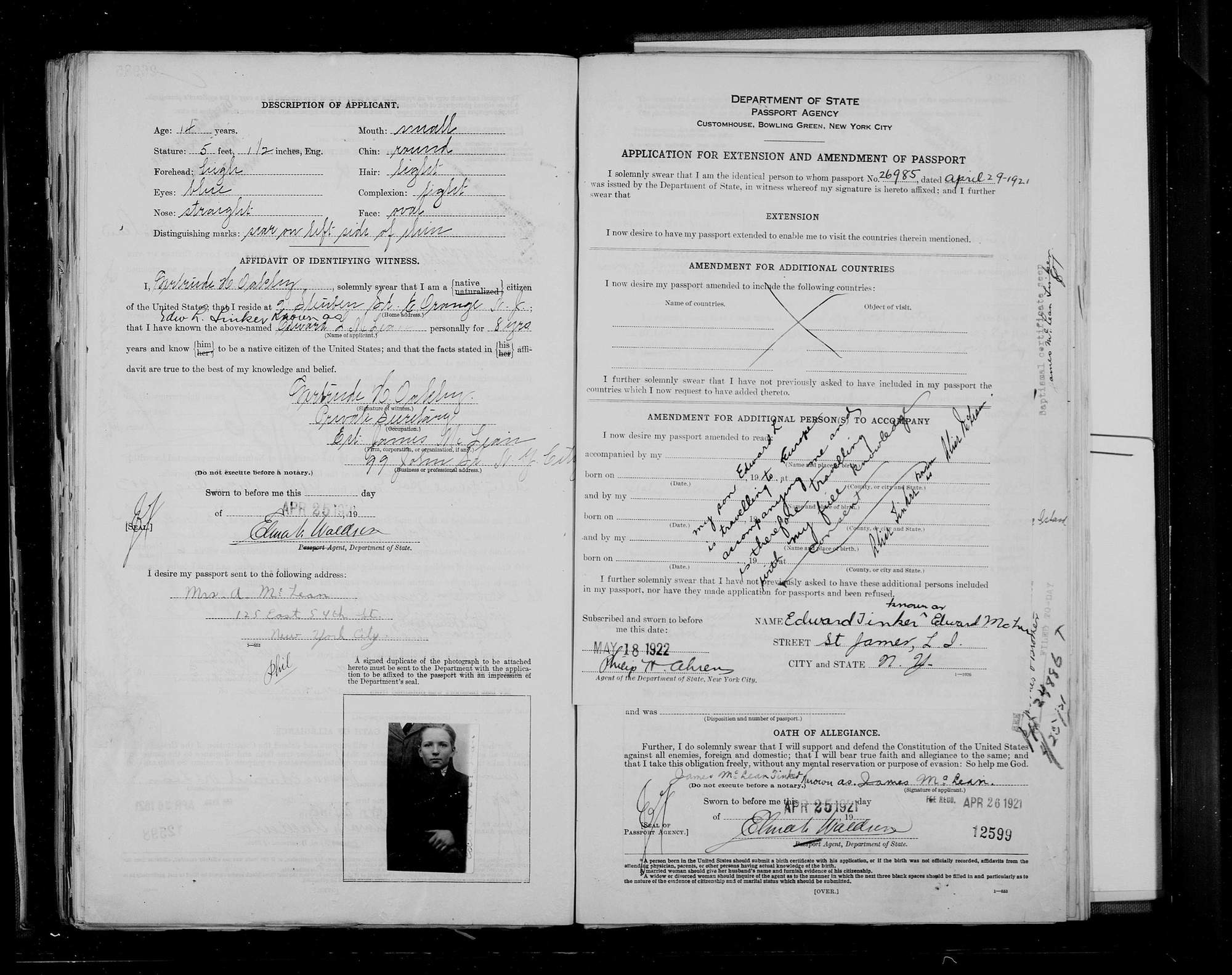 Alice McLean's 1922 U.S. passport extension application, recording her as 35 years old and at that time known by her married name, Tinker.