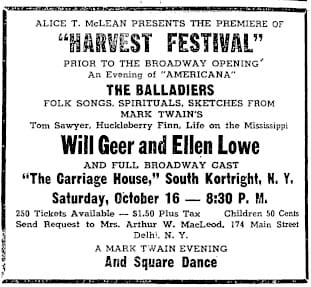 A newspaper advertisement for the Harvest Festival presented by Alice McLean at the Carriage House, South Kortright, with Will Geer and Ellen Lowe.