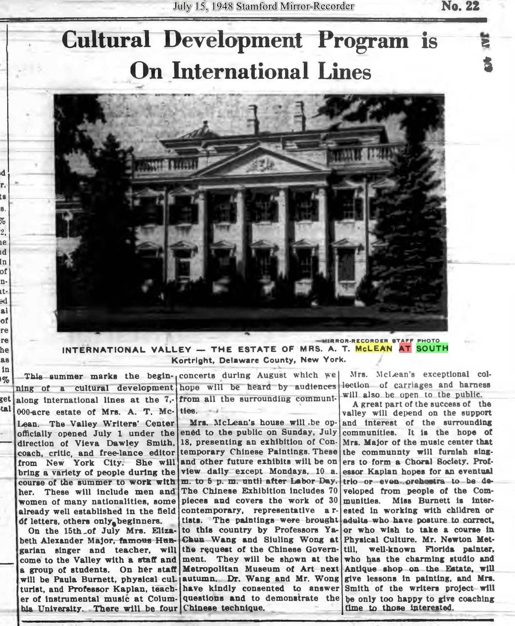 The Stamford Mirror-Recorder of July 15, 1948 reports the opening of Alice McLean's International Valley cultural development program at South Kortright.
