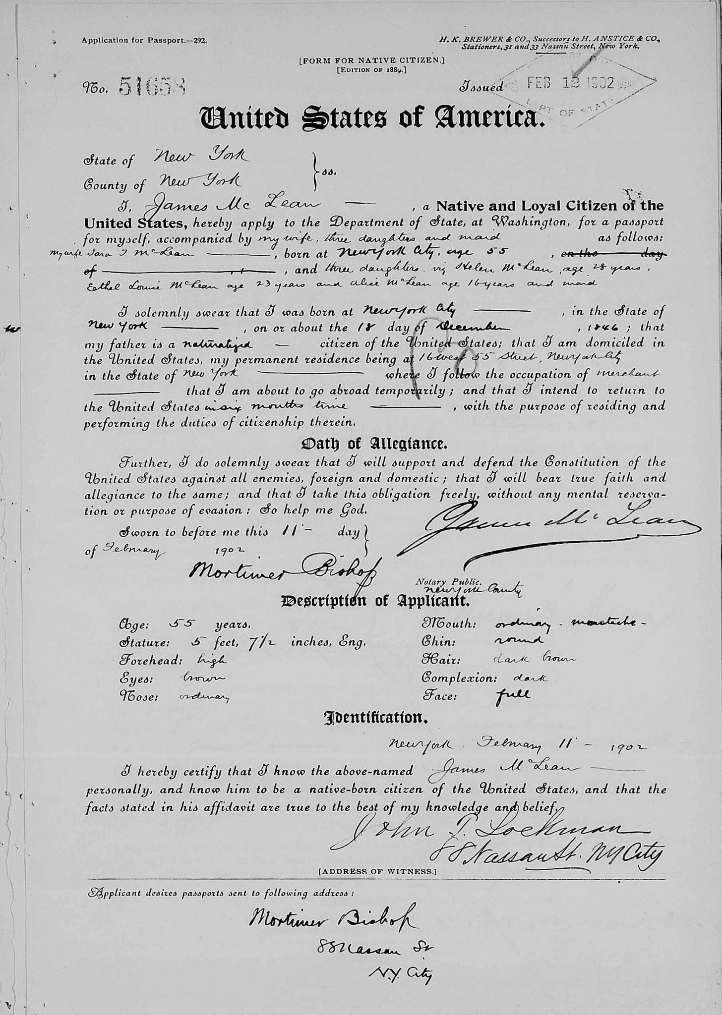 James McLean's 1902 U.S. passport application, listing his wife Sara and three daughters Helen, Ethel Louise, and Alice.
