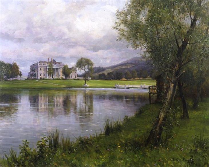 Riverside Farm — South Kortright, N.Y., by Louis Aston Knight, oil on canvas, summer 1915 — the mansion above the lake in its first season