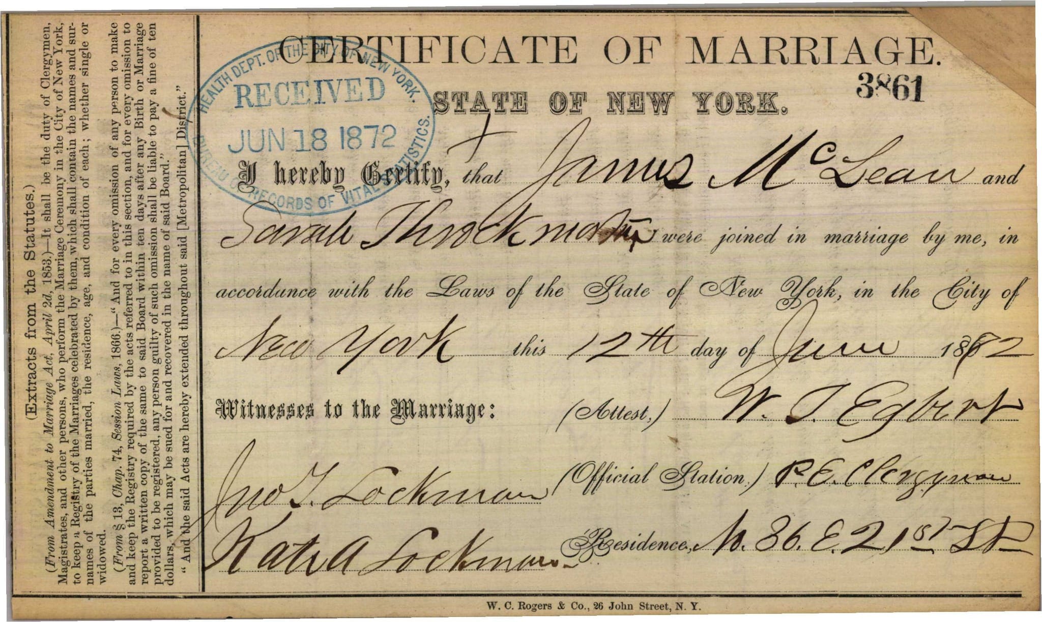 The 1872 marriage certificate of James McLean and Sarah Throckmorton in New York City.