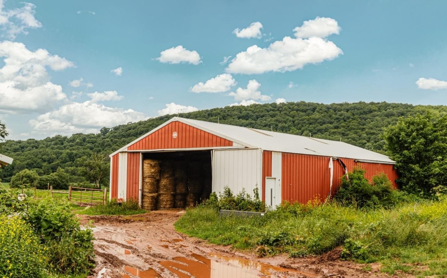Ashridge hay storage barn — round bales visible inside red and white barn, South Kortright, New York