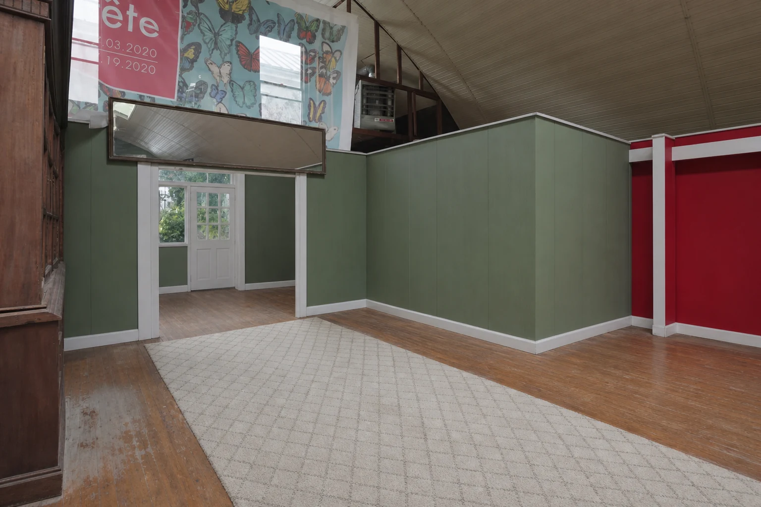 Ashridge gallery hall garden room — cleared wide view of clear-span space with garden light, high ceiling, and natural wood detail