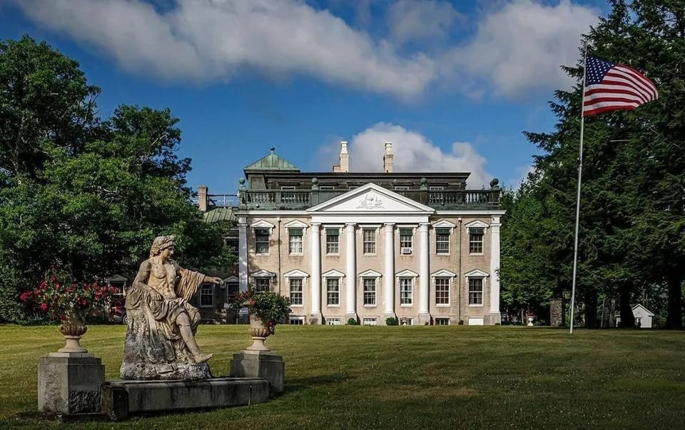 Ashridge mansion — columned portico and formal approach across the lawn, South Kortright, New York