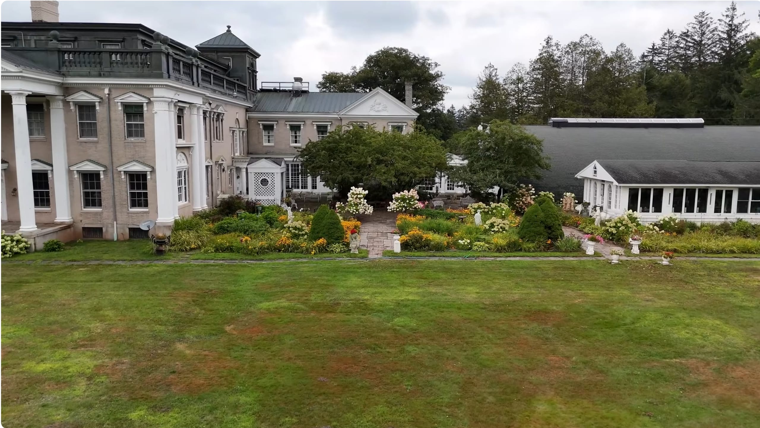 Ashridge estate — rear aerial of the formal gardens, lawns, and mansion terrace, South Kortright, New York