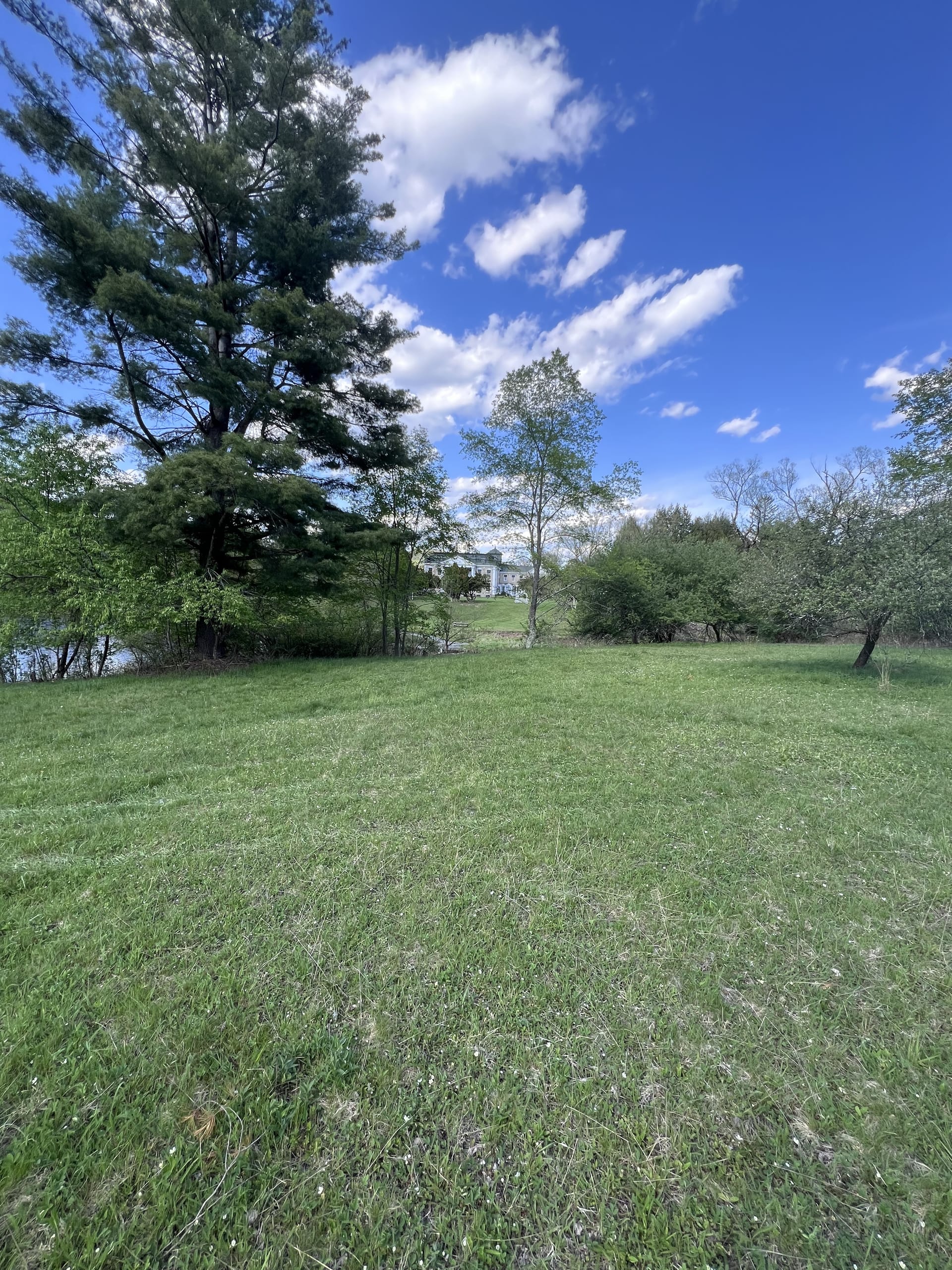 Ashridge mansion grounds — open meadow with estate visible beyond the tree line, South Kortright, New York