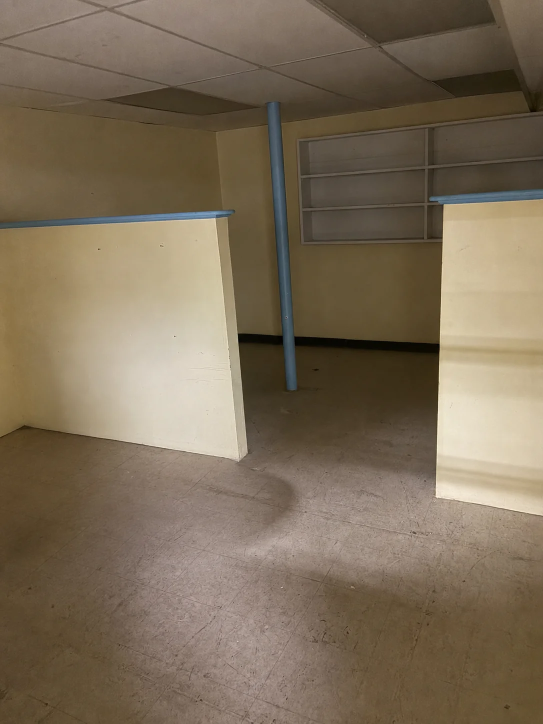 Room with low office partitions and built-in shelving — vintage office character (digitally cleared reference).