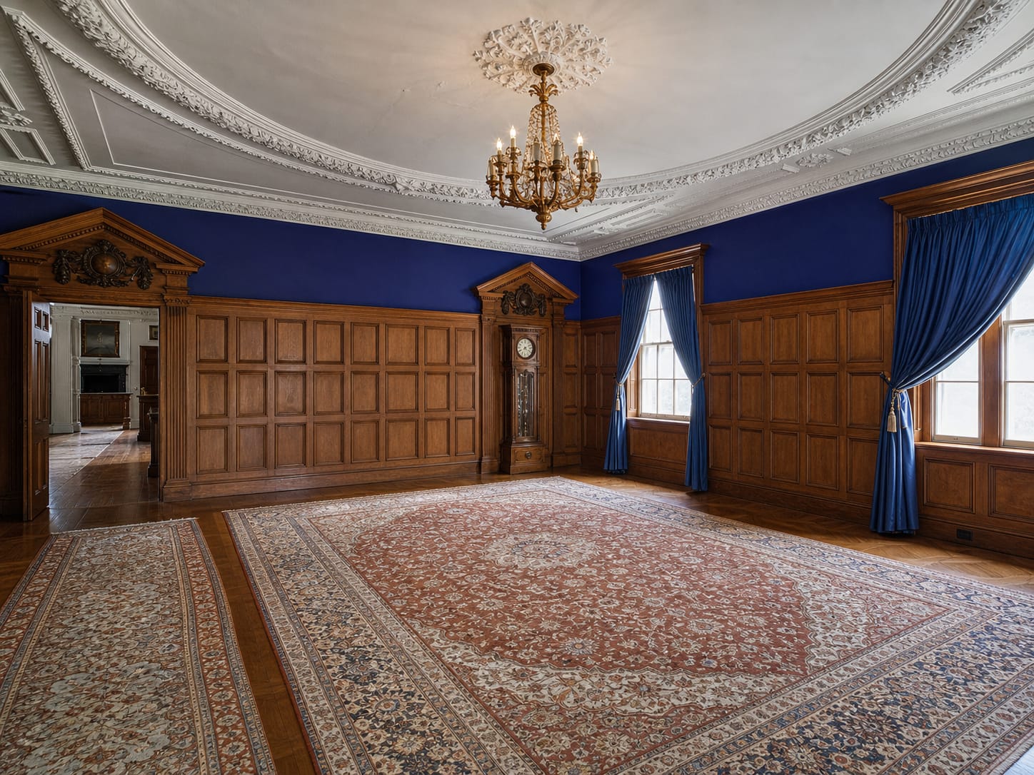 Ashridge mansion blue library — ornate plaster ceiling, oak wainscoting, brass chandelier, and herringbone parquet floors