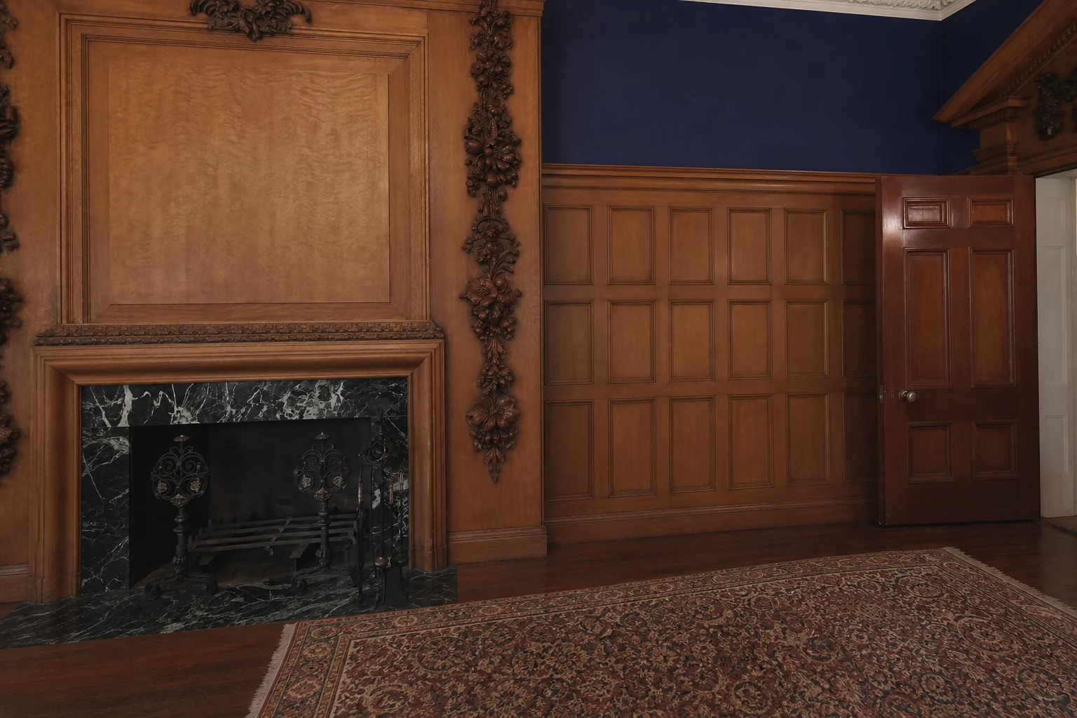 Ashridge mansion blue parlor — cleared fireplace wall detail, historic wall color and trim