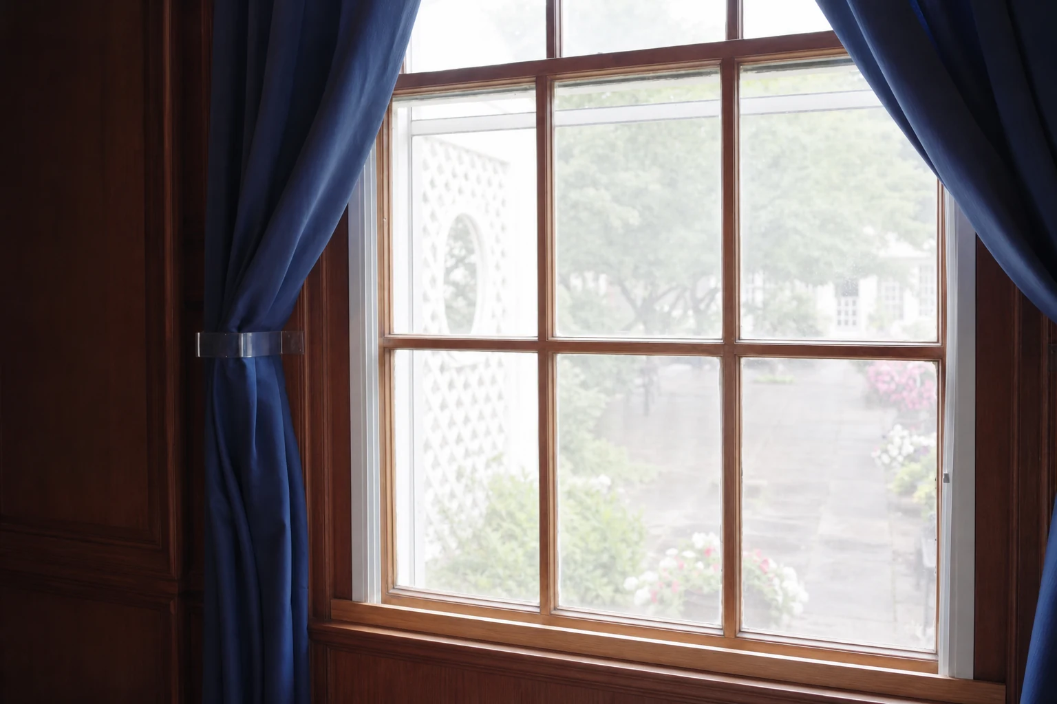Ashridge mansion blue parlor — cleared window wall detail with historic trim and light