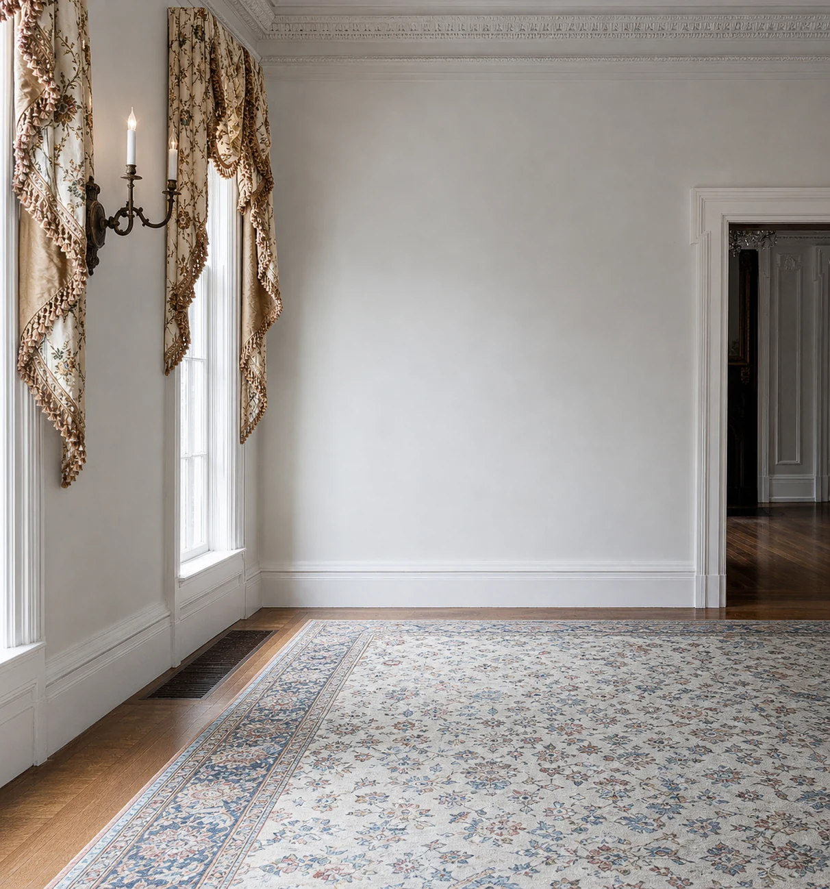 Ashridge mansion cream parlor — cleared window wall with historic trim and proportions
