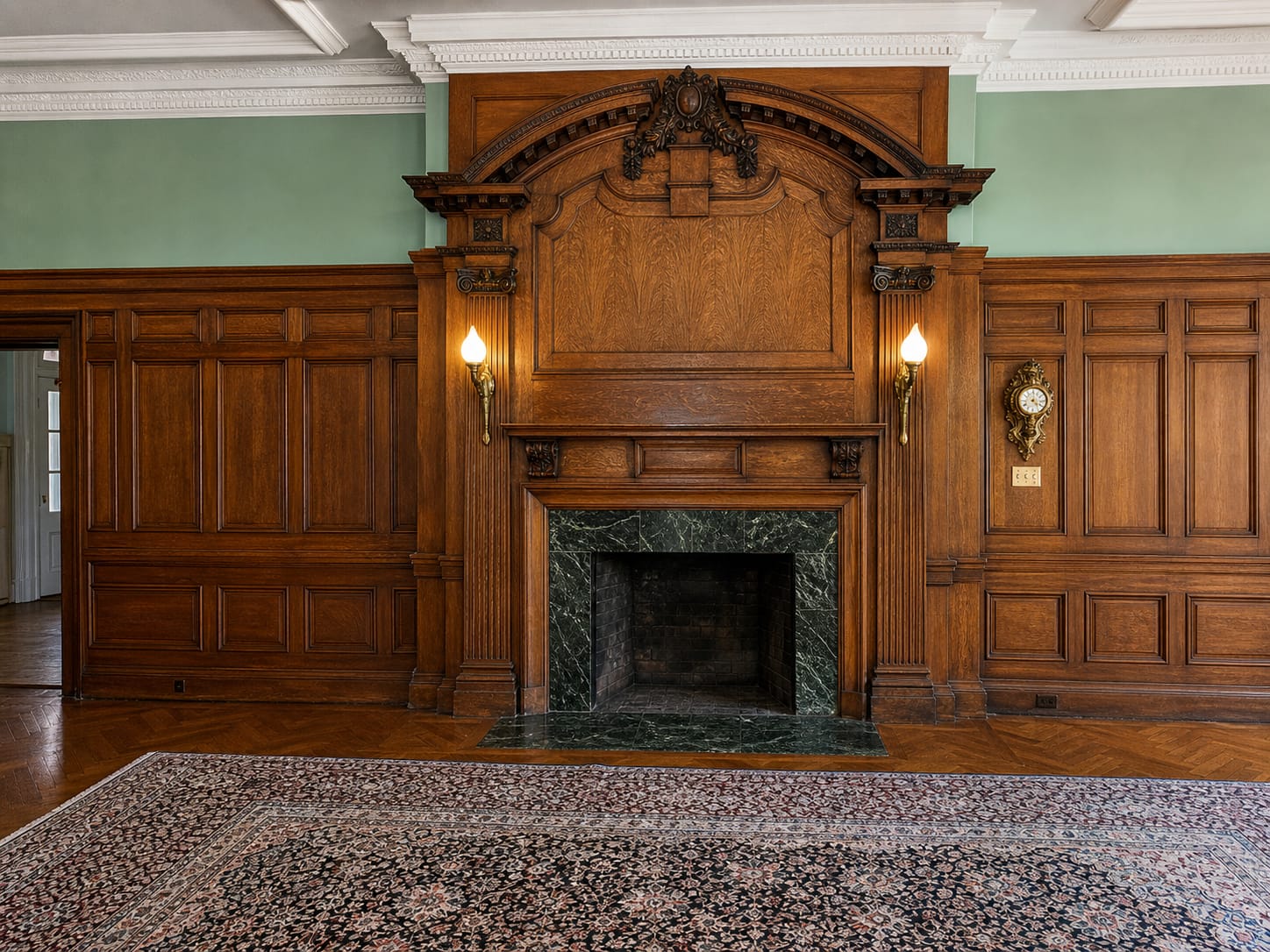 Ashridge mansion formal reception room — carved oak overmantel and green marble fireplace surround