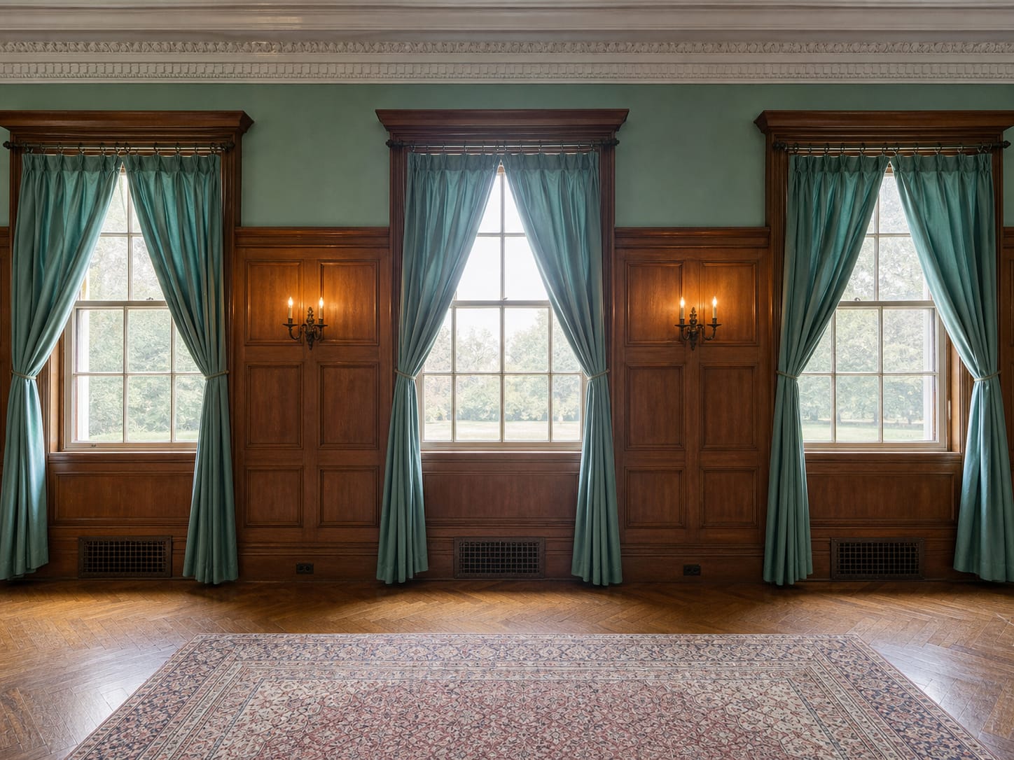 Ashridge mansion green room — three arched windows with teal silk drapery and original iron heating grates
