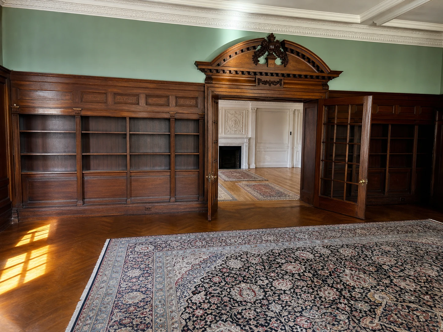 Ashridge mansion library — cleared wide view with oak bookcases, coffered ceiling, and herringbone floor