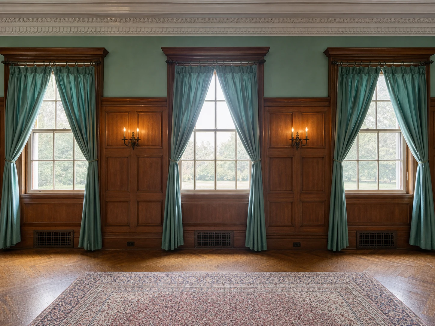 Ashridge mansion library — cleared window wall with oak wainscoting and natural light