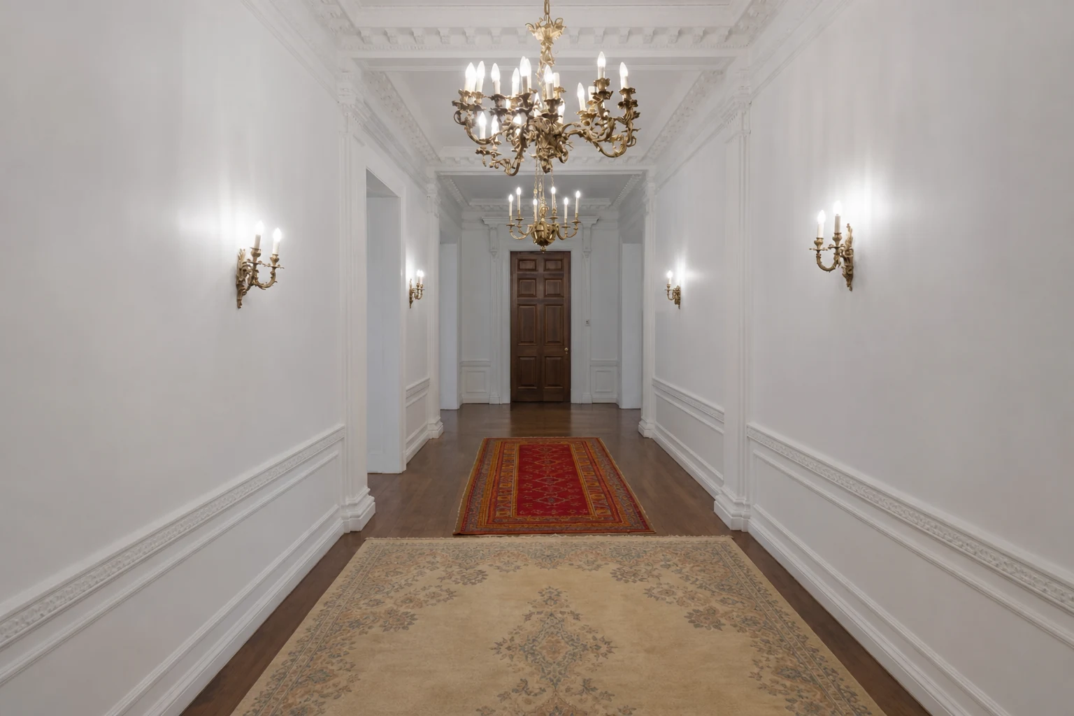 Ashridge mansion main hall — cleared long view down a white enfilade with chandeliers, sconces, and herringbone floor