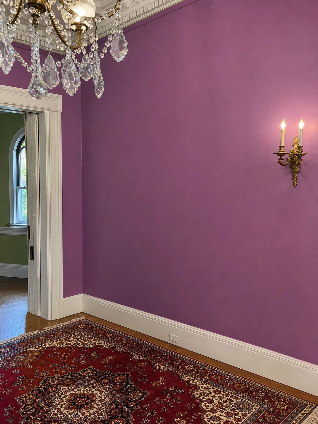 Ashridge mansion pink parlor — cleared corner view showing saturated wall color and period detail