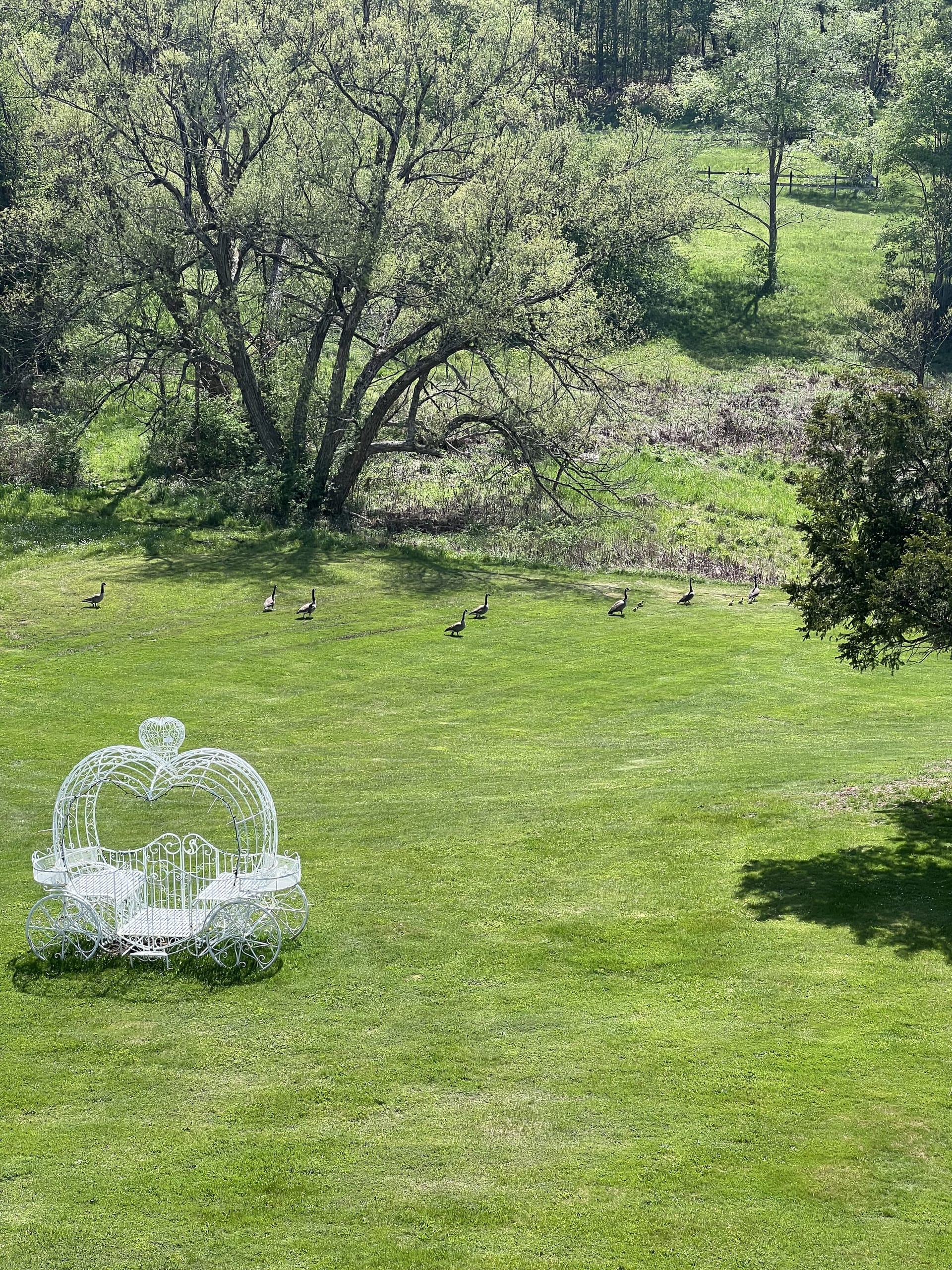 Ashridge mansion — elevated view from the roof walkway over the formal lawn and estate grounds, South Kortright, New York