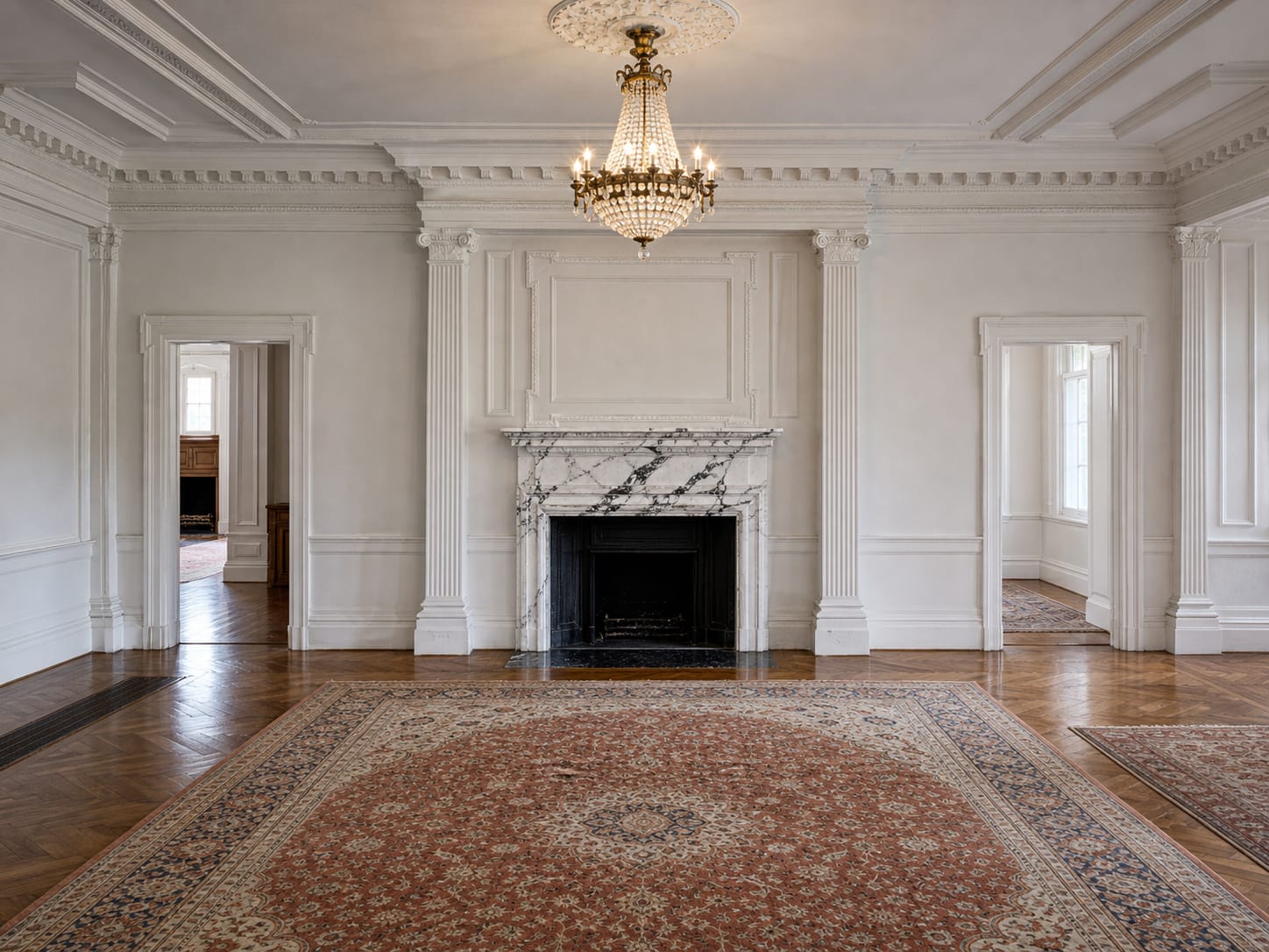 Ashridge mansion white drawing room — marble fireplace, Corinthian pilasters, and crystal chandelier