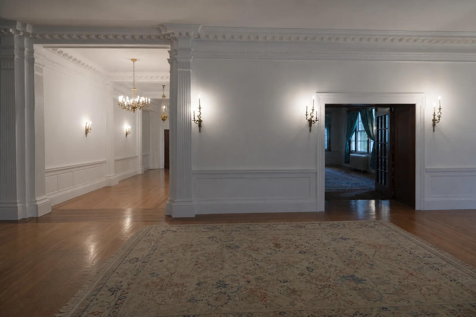 Ashridge mansion white parlor — cleared enfilade view through pilastered openings toward the gallery hall